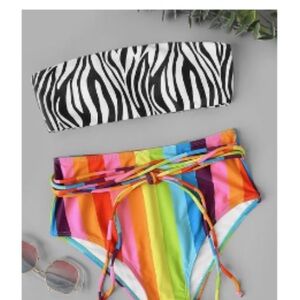 **NEVER WORN** Zebra Print Bandeau with Colorful Striped Bikini Bottom